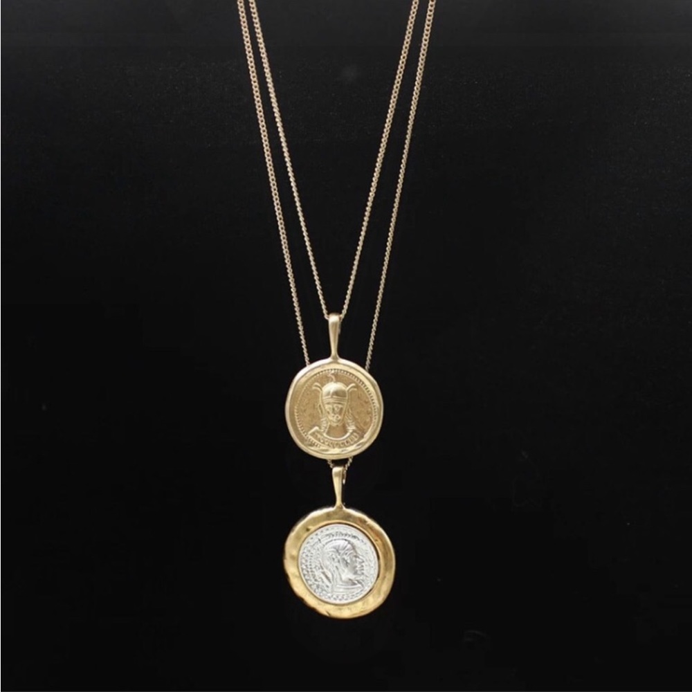 Coin Pendant Vintage Double Chain Layered Necklace - Picture 8 of 11